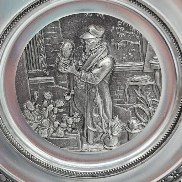 Vtg German Pewter (94% Zinc) Plate Adolf Griebjaber Depucting The Poor Poet - Picture 2 of 11